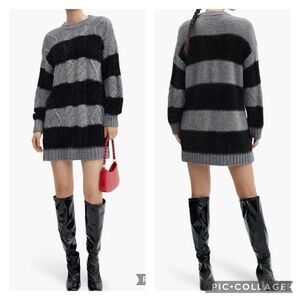 Mango MNG Armenia Sweater Dress Black Gray Metallic Cable Knit Mini 4 Striped